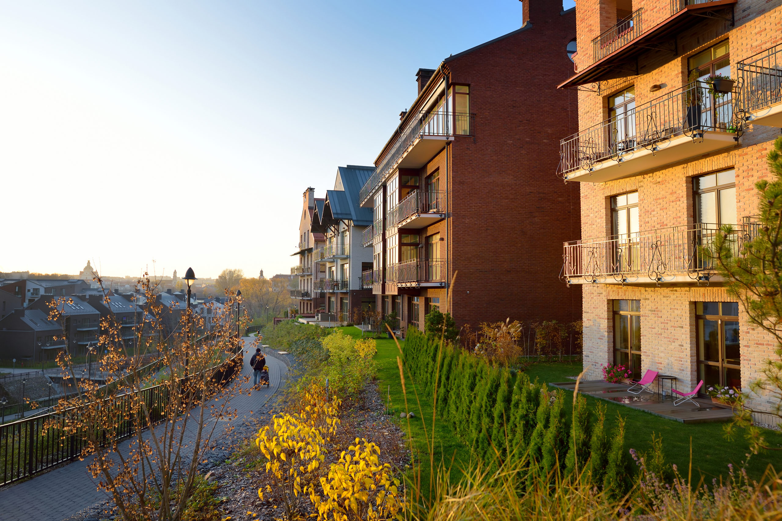 New residential area in Vilnius, Lithuania. New modern apartment complex. Low rise european apartment building complex with outdoor facilities.